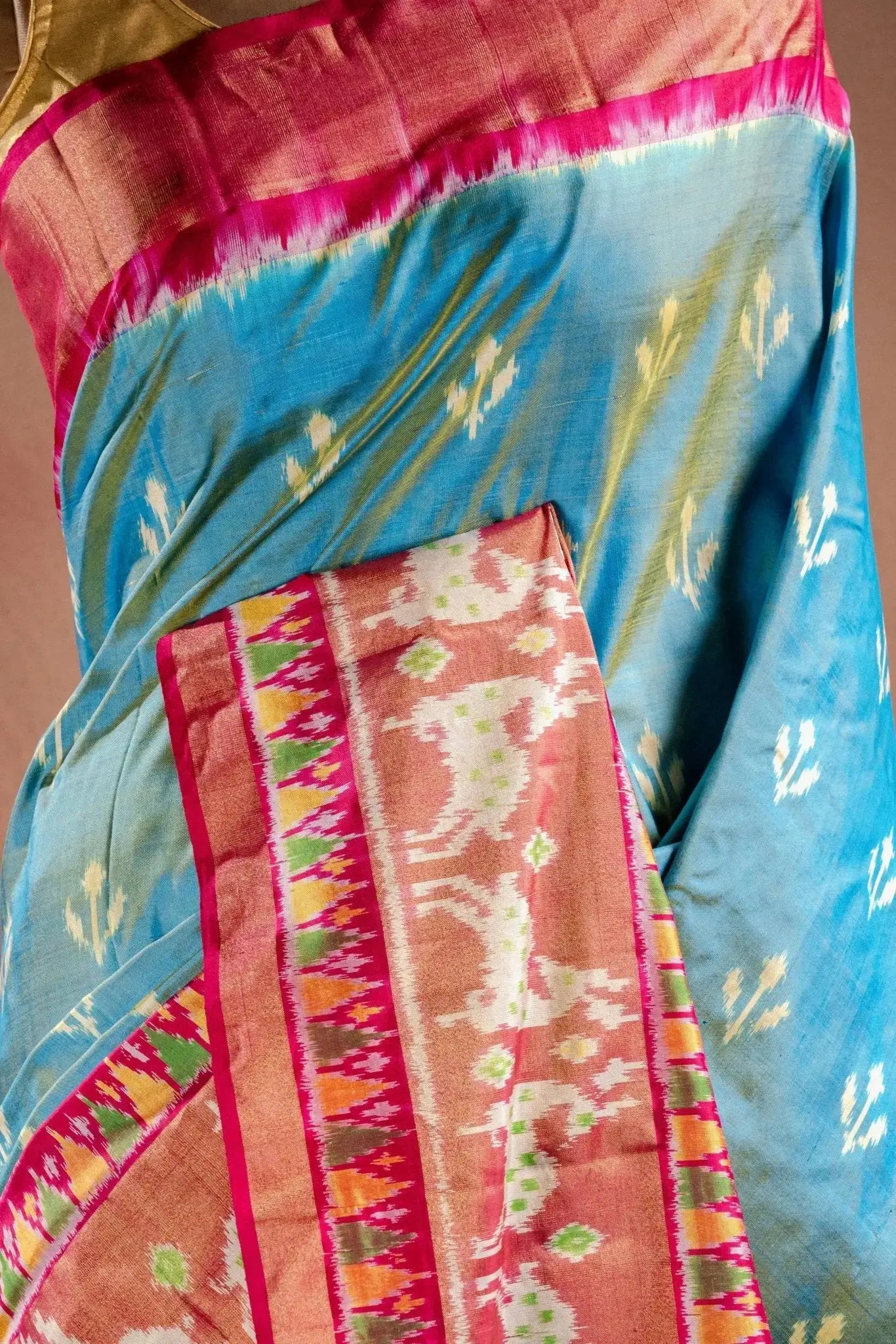 Sky Blue Pochampally Silk Saree with Pink Border that-saree-shop.myshopify.com