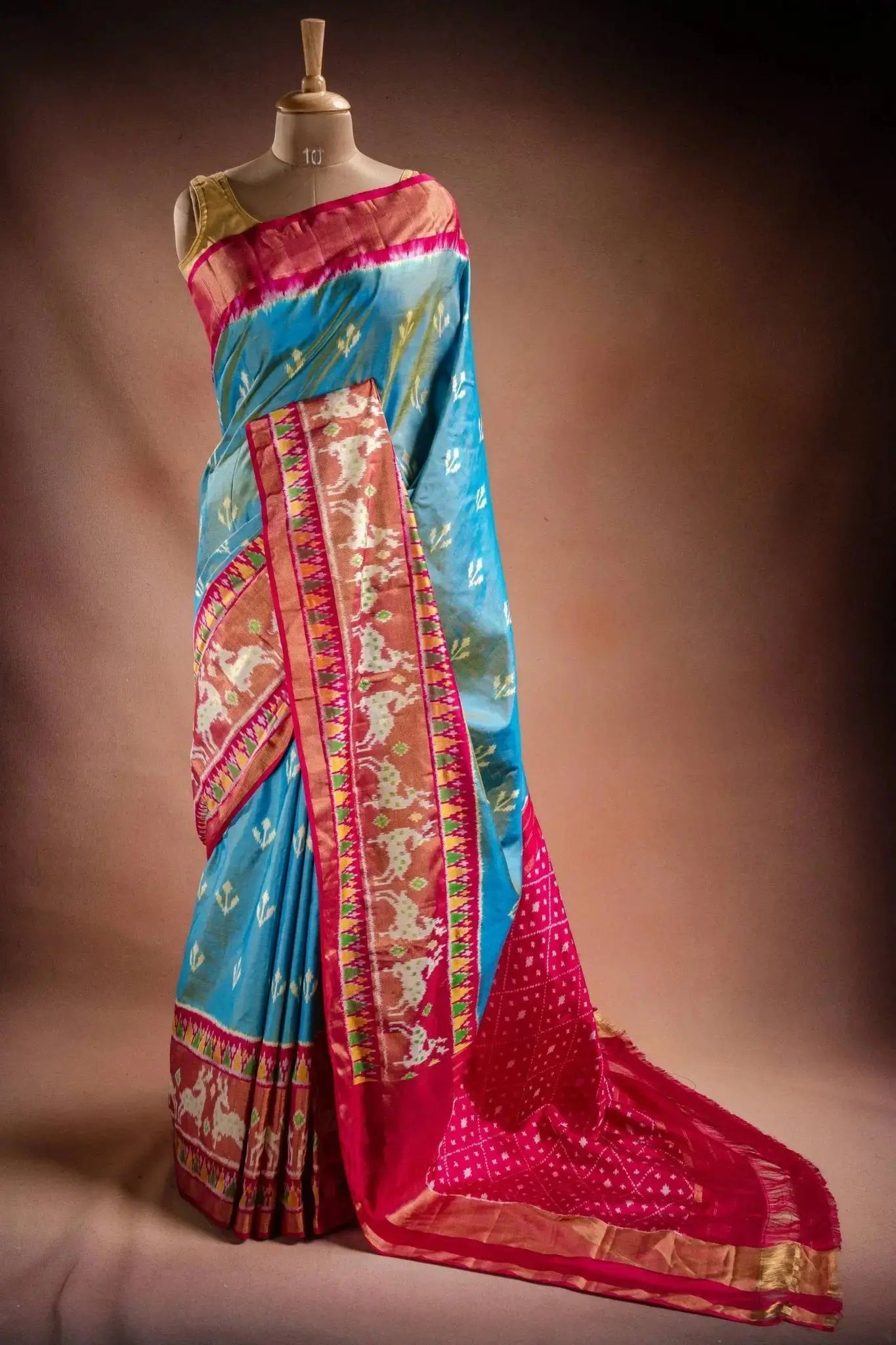 Sky Blue Pochampally Silk Saree with Pink Border that-saree-shop.myshopify.com
