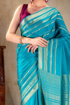 Teal Blue Crepe Saree Gold Zari Rich Border that-saree-shop.myshopify.com