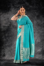 Teal Blue Crepe Saree with Silver Buttas & Floral Jaal Texture that-saree-shop.myshopify.com