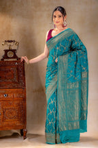 Teal Blue Crepe Silk Saree Vat Dyed with Antique Zari that-saree-shop.myshopify.com