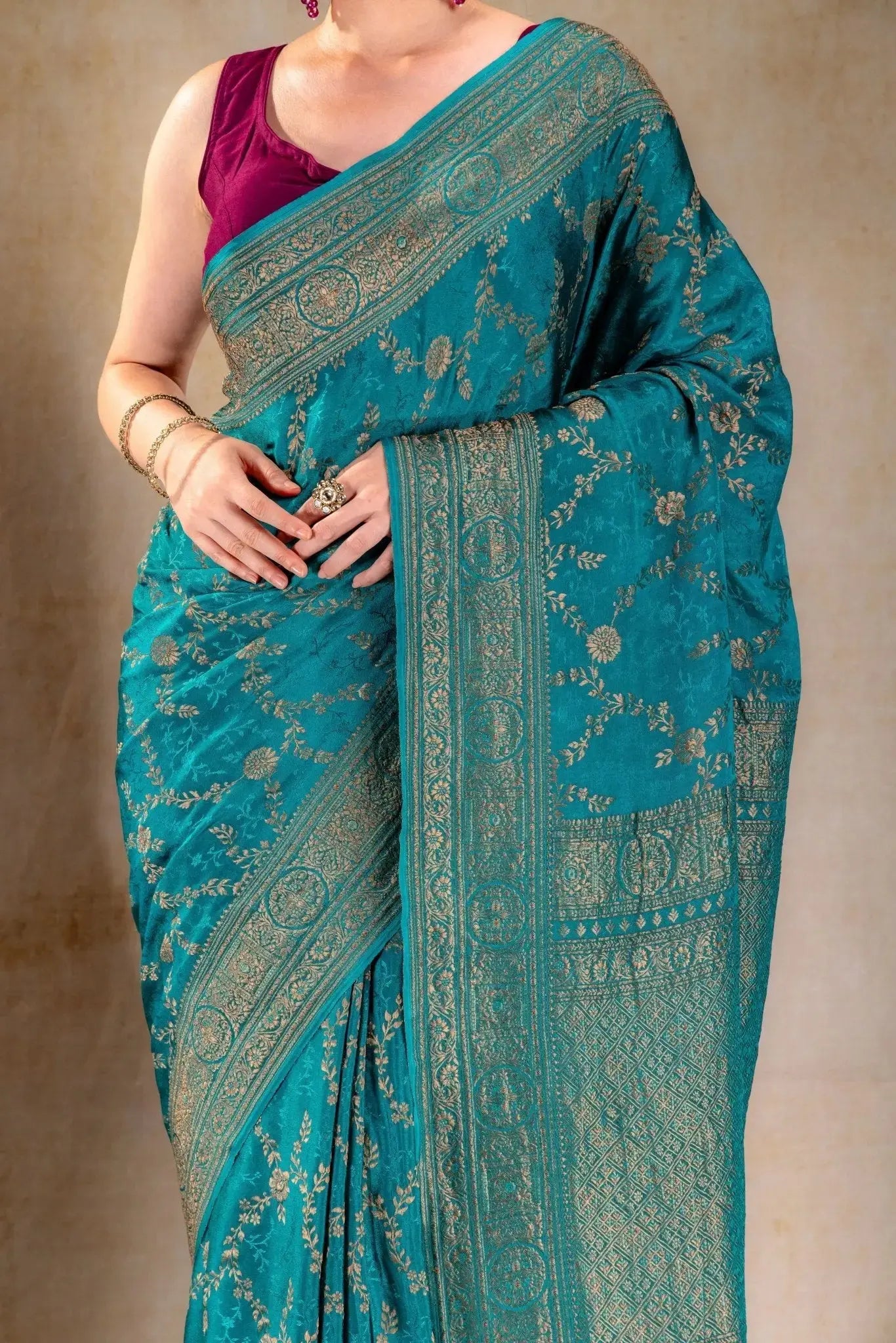 Teal Blue Crepe Silk Saree Vat Dyed with Antique Zari that-saree-shop.myshopify.com