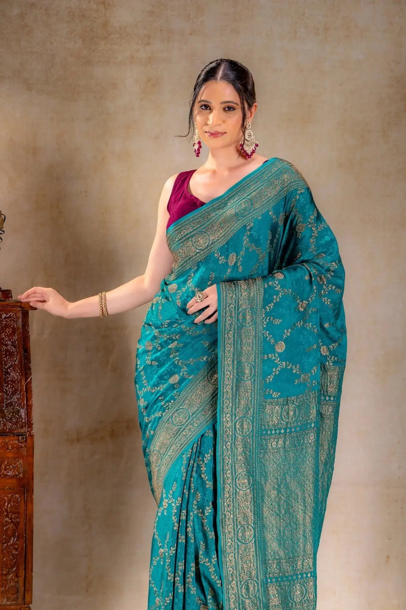 Teal Blue Crepe Silk Saree Vat Dyed with Antique Zari that-saree-shop.myshopify.com