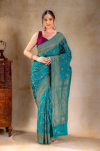 Teal Blue Crepe Silk Saree Vat Dyed with Antique Zari that-saree-shop.myshopify.com