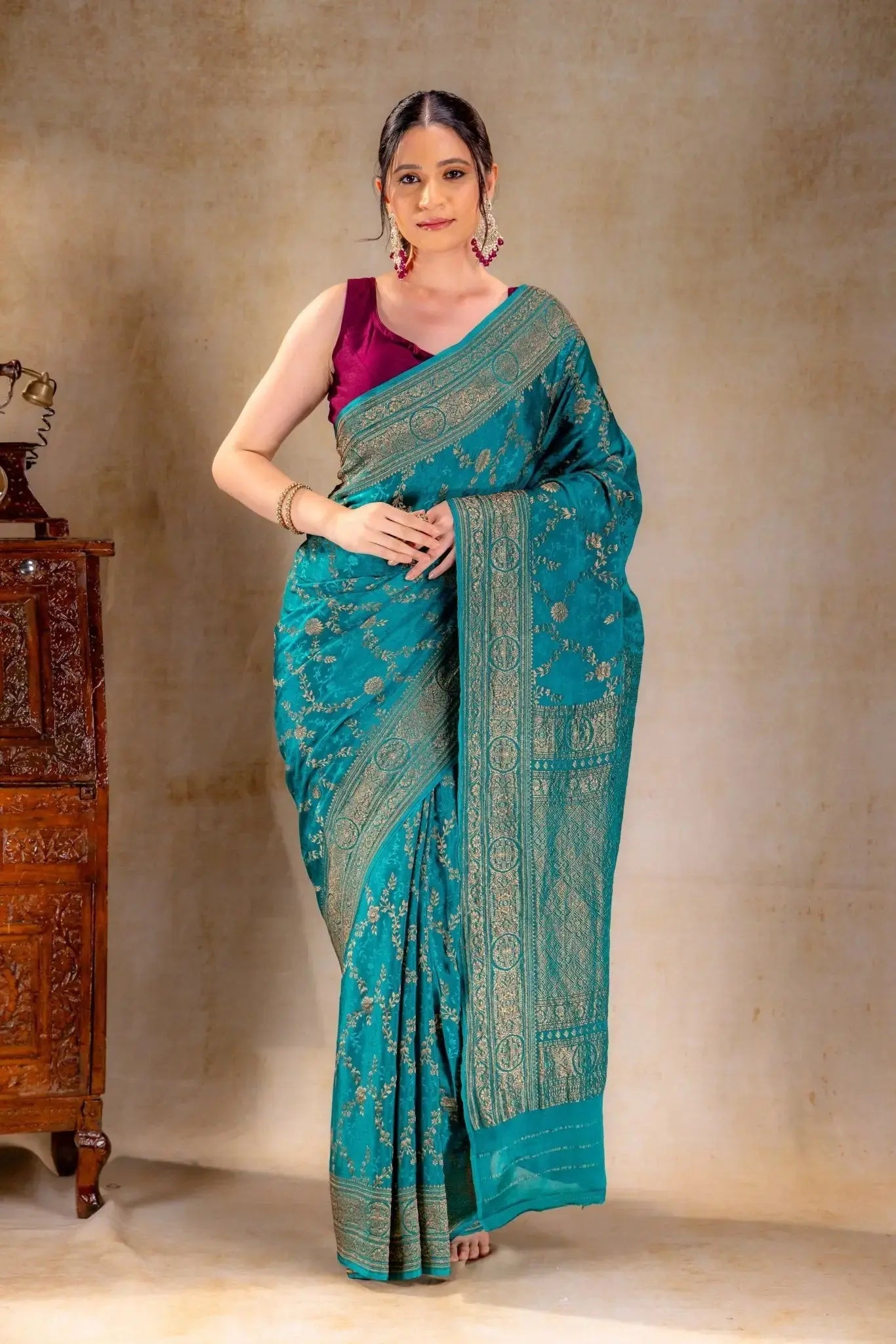 Teal Blue Crepe Silk Saree Vat Dyed with Antique Zari that-saree-shop.myshopify.com