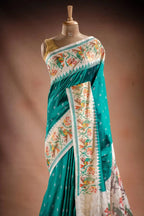 Teal Pochampally Saree with White Border that-saree-shop.myshopify.com
