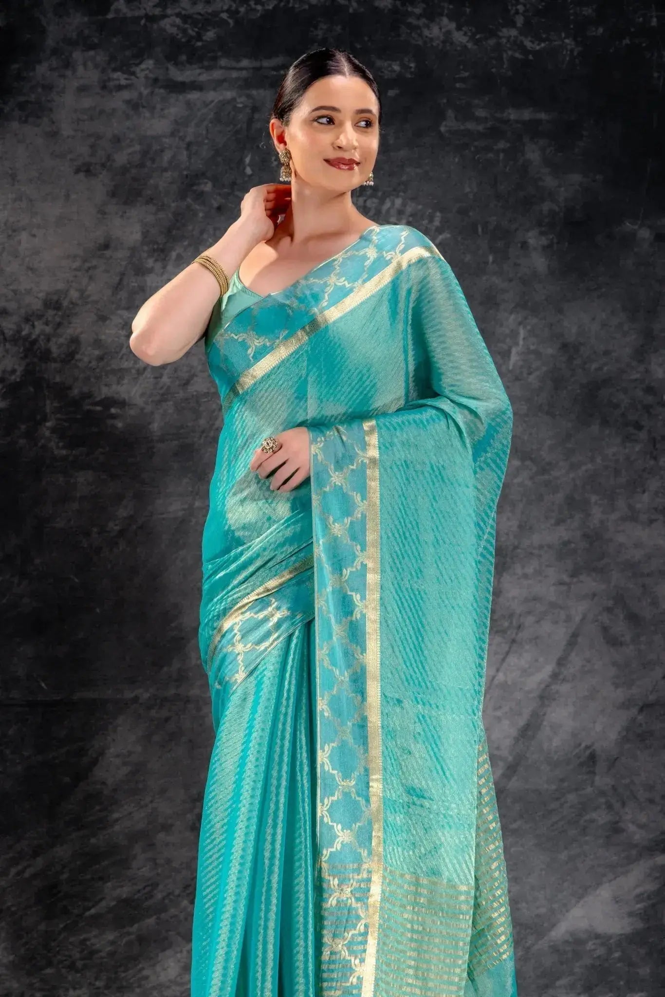 Tissue Royale Aqua Saree with Gold Mughal Motif Border & Diagonal Zari Weave that-saree-shop.myshopify.com