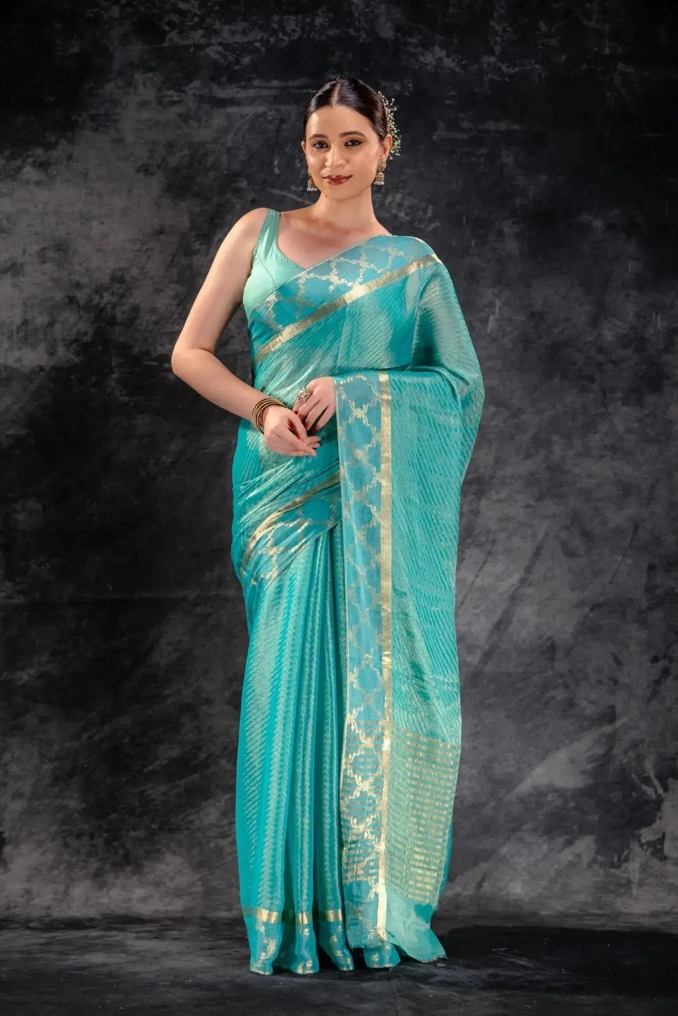 Tissue Royale Aqua Saree with Gold Mughal Motif Border & Diagonal Zari Weave that-saree-shop.myshopify.com