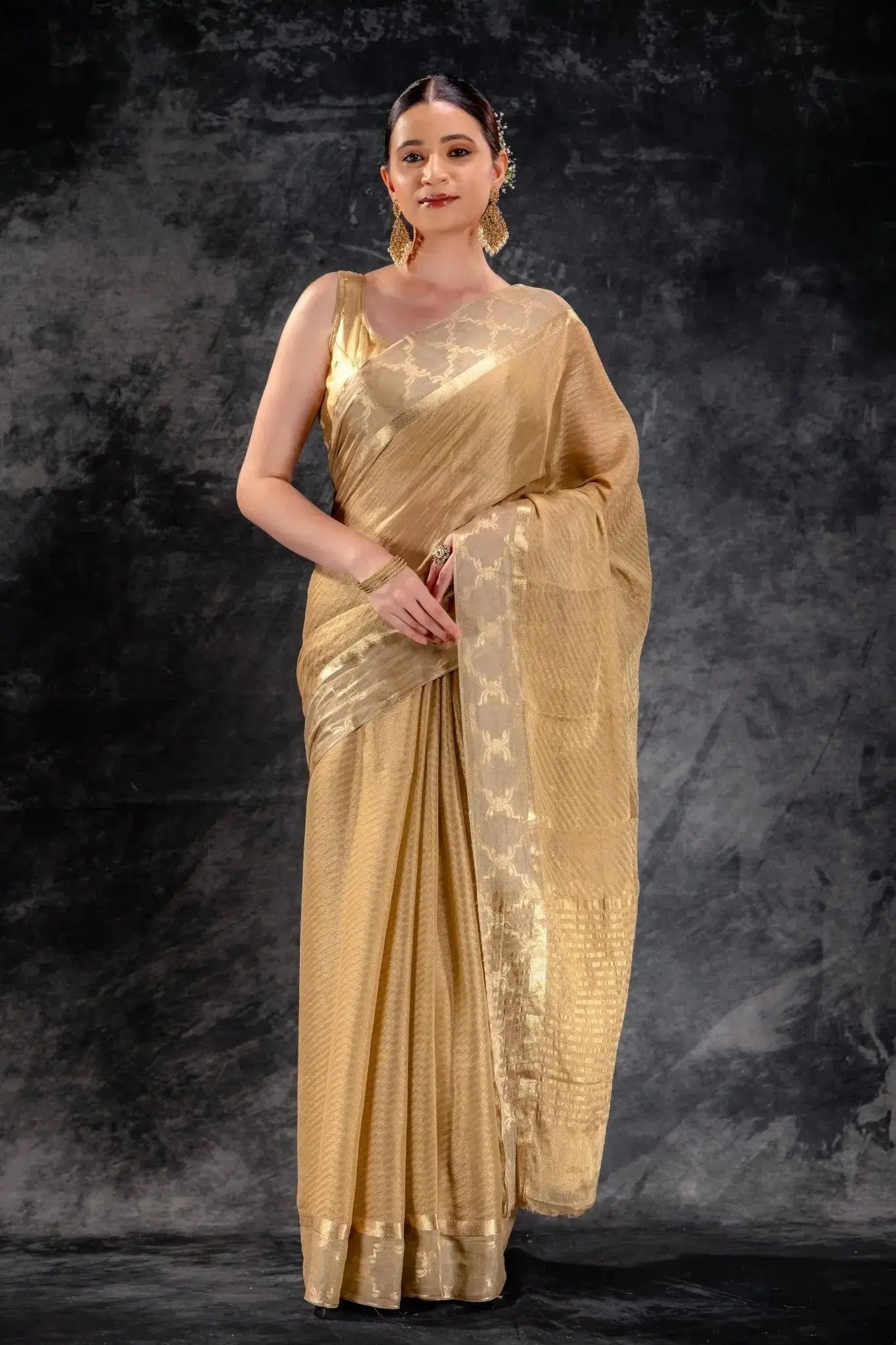 Tissue Royale Champagne Saree with Mughal Frame Border & Wavy Zari Body that-saree-shop.myshopify.com