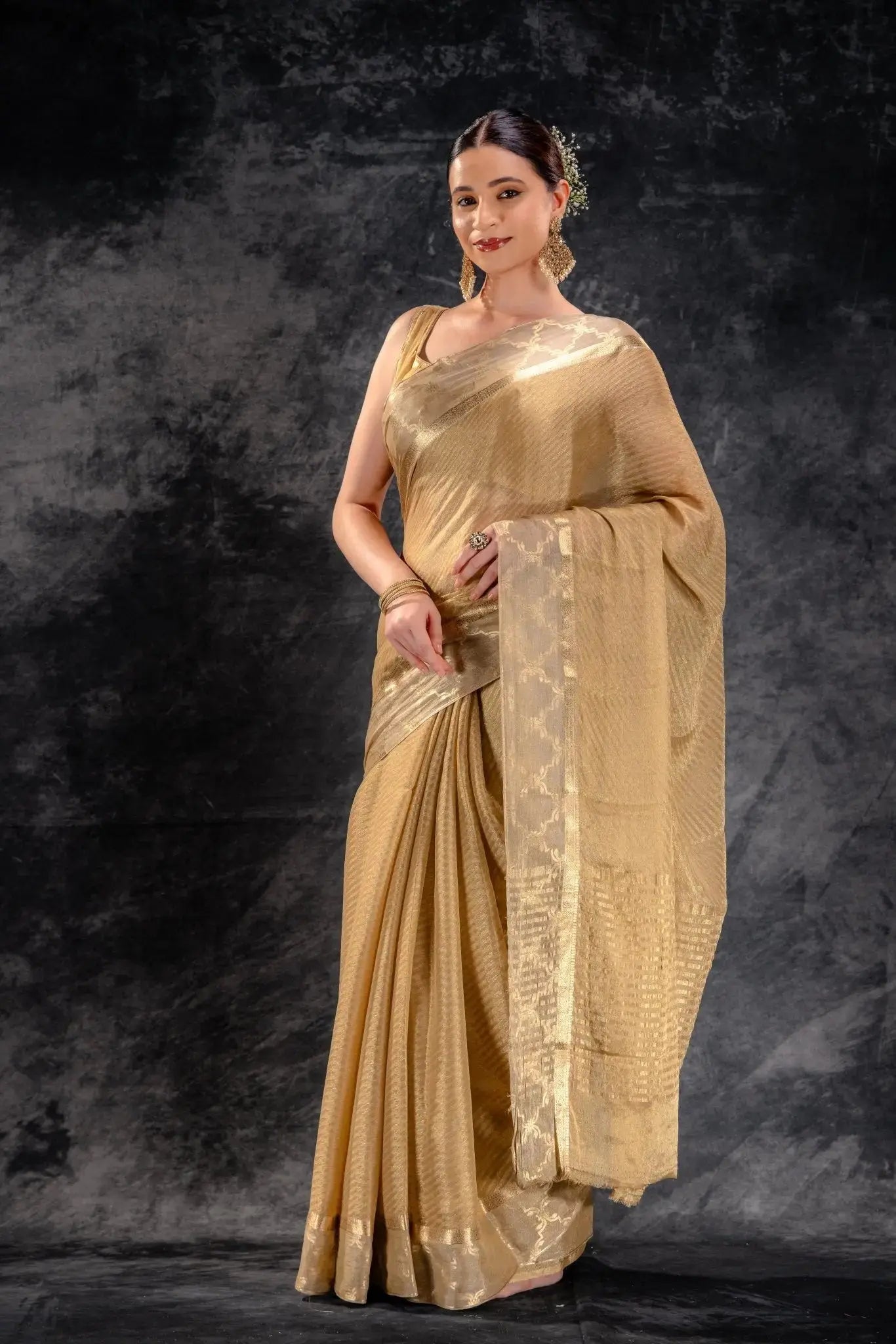 Tissue Royale Champagne Saree with Mughal Frame Border & Wavy Zari Body that-saree-shop.myshopify.com