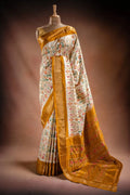 White Pochampally Saree with Mustard Border that-saree-shop.myshopify.com