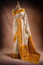 White Pochampally Saree with Mustard Border that-saree-shop.myshopify.com