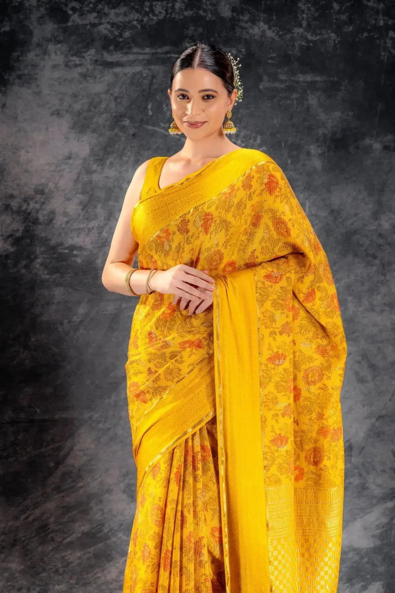 Yellow Printed Crepe Silk Saree that-saree-shop.myshopify.com