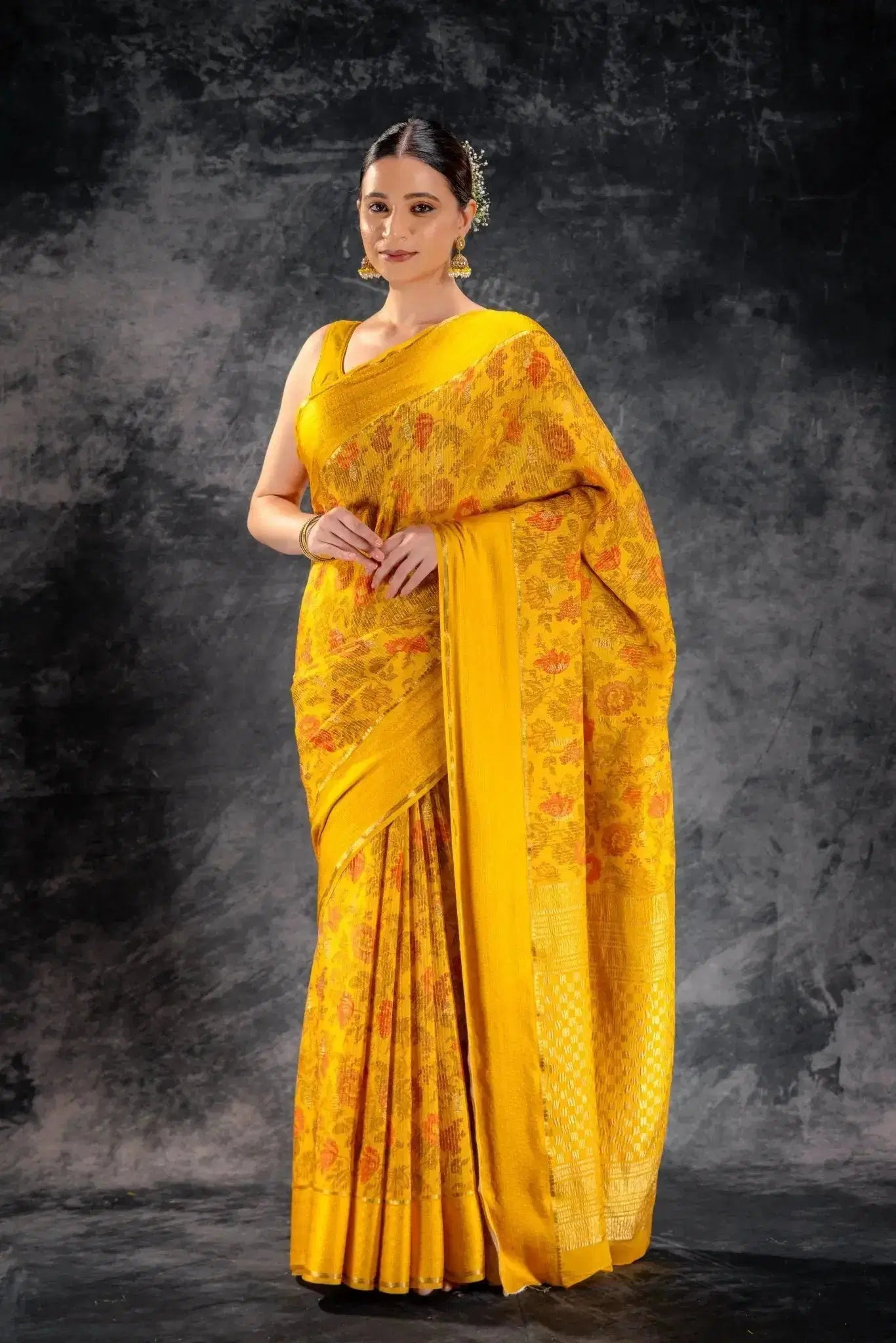Yellow Printed Crepe Silk Saree that-saree-shop.myshopify.com
