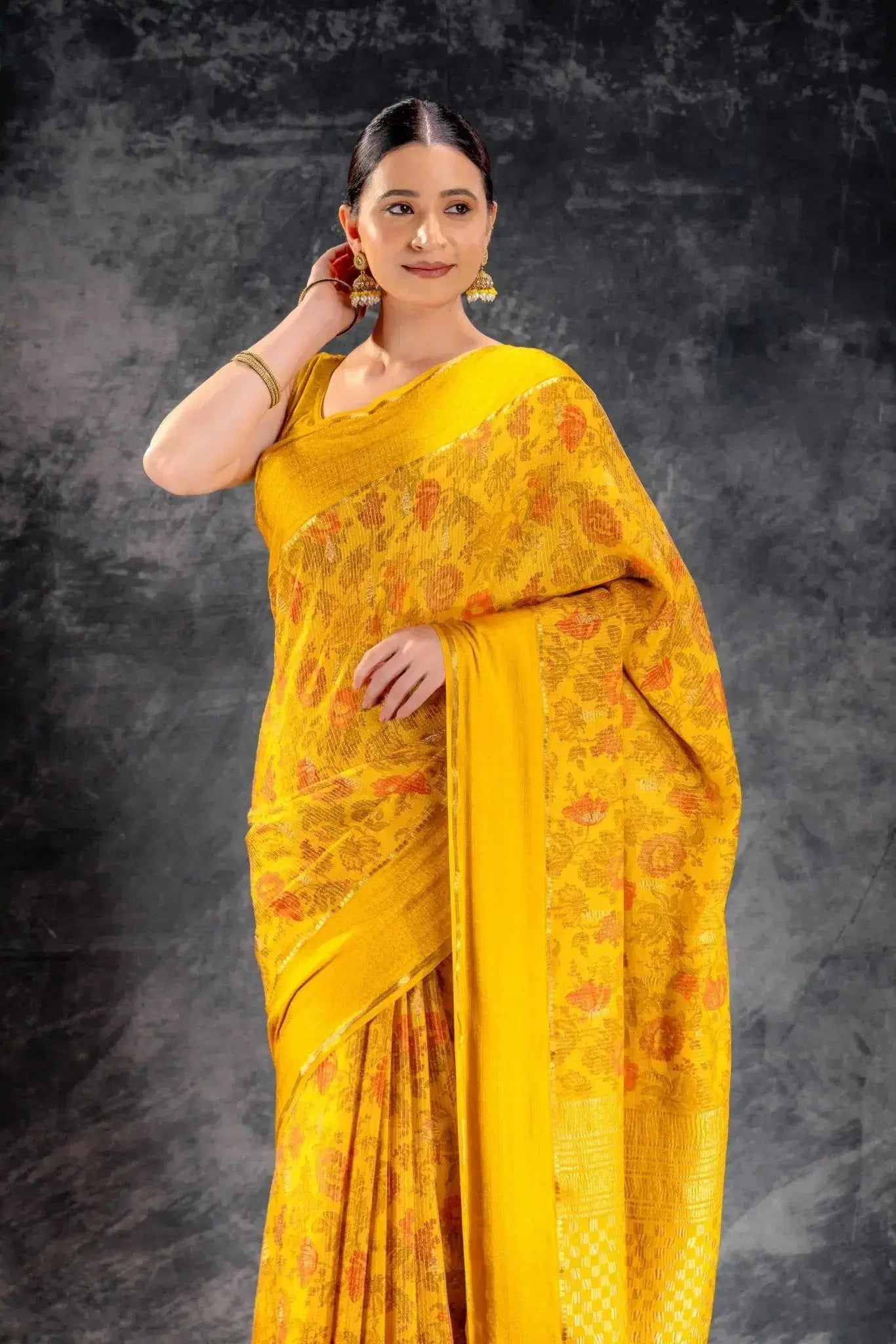 Yellow Printed Crepe Silk Saree that-saree-shop.myshopify.com