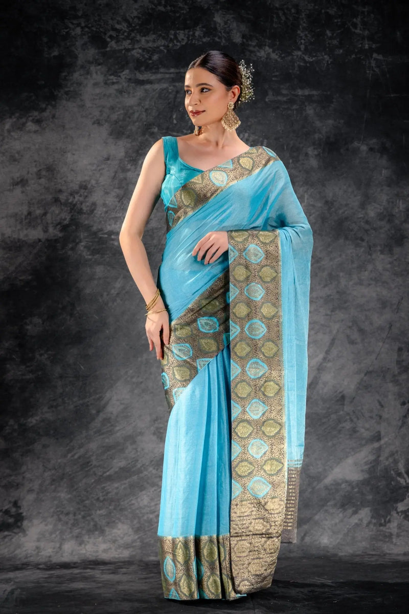 Azure Mist Tissue Saree with Olive Leaf Zari Work - That Saree Shop