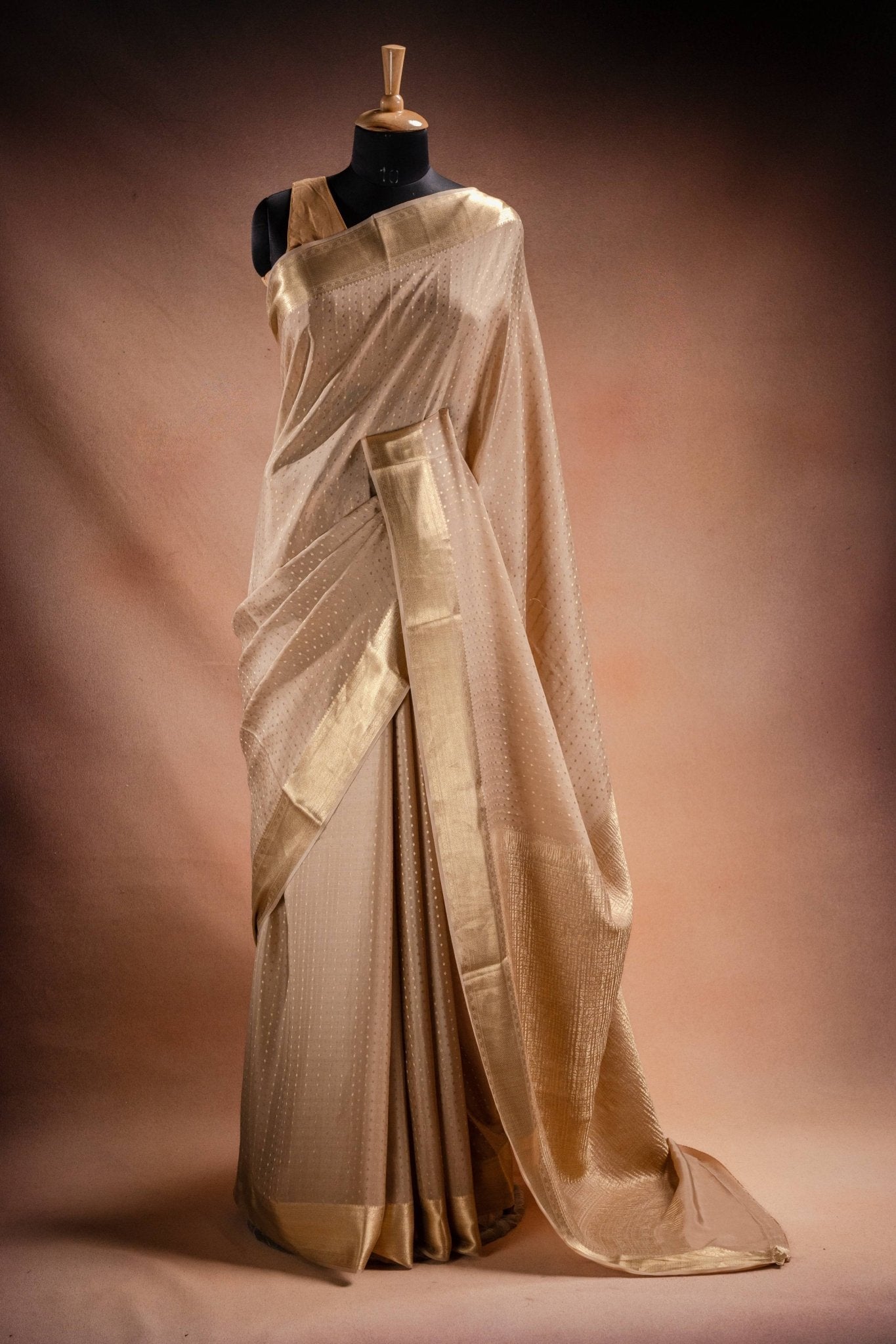 Beige Crepe Saree with Zari Border - That Saree Shop