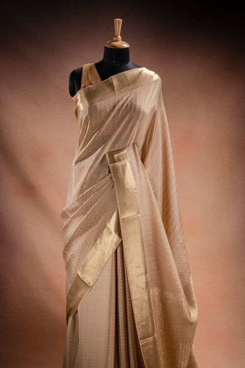 Beige Crepe Saree with Zari Border - That Saree Shop
