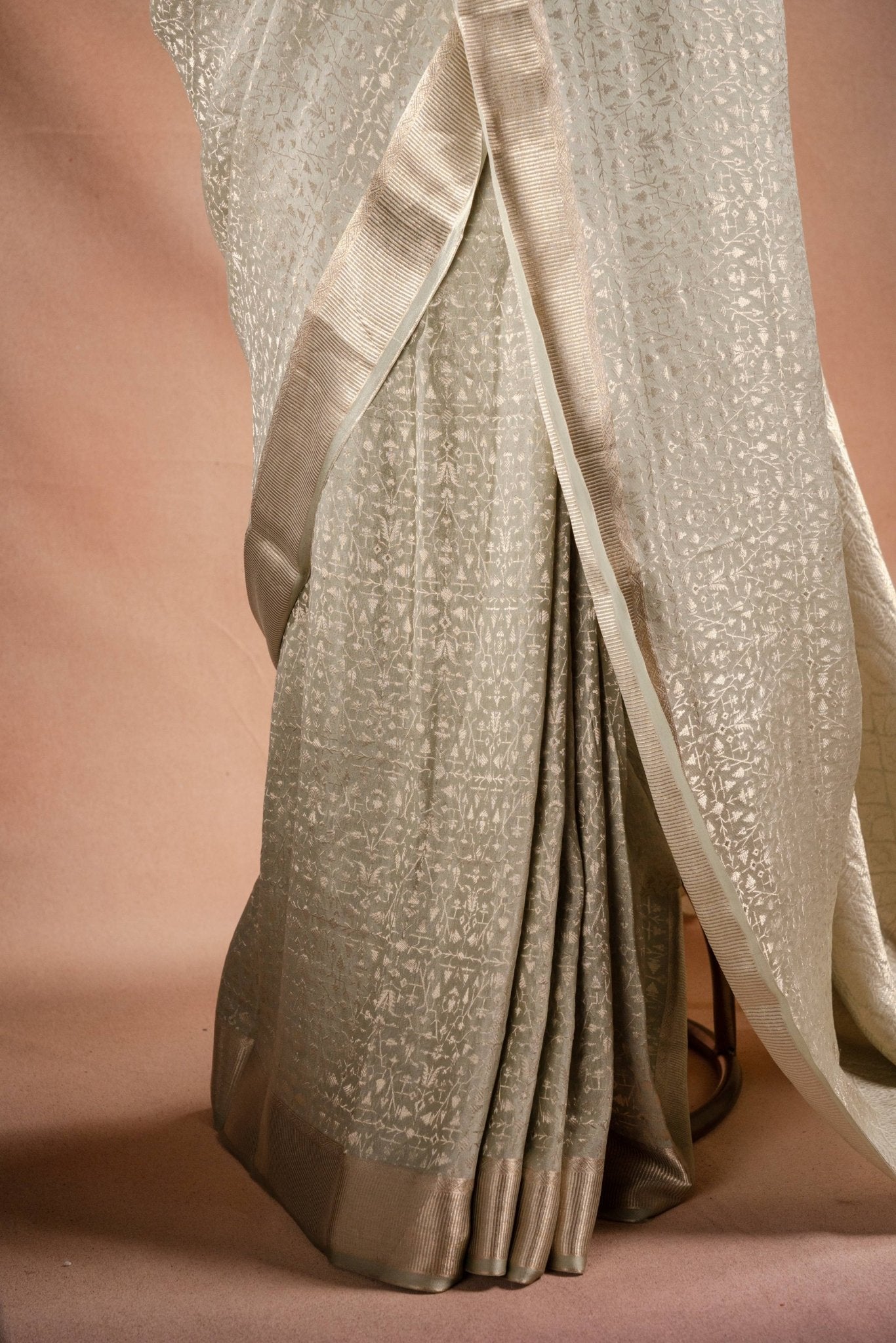 Beige Crepe Silk Saree with All - Over Weave - That Saree Shop