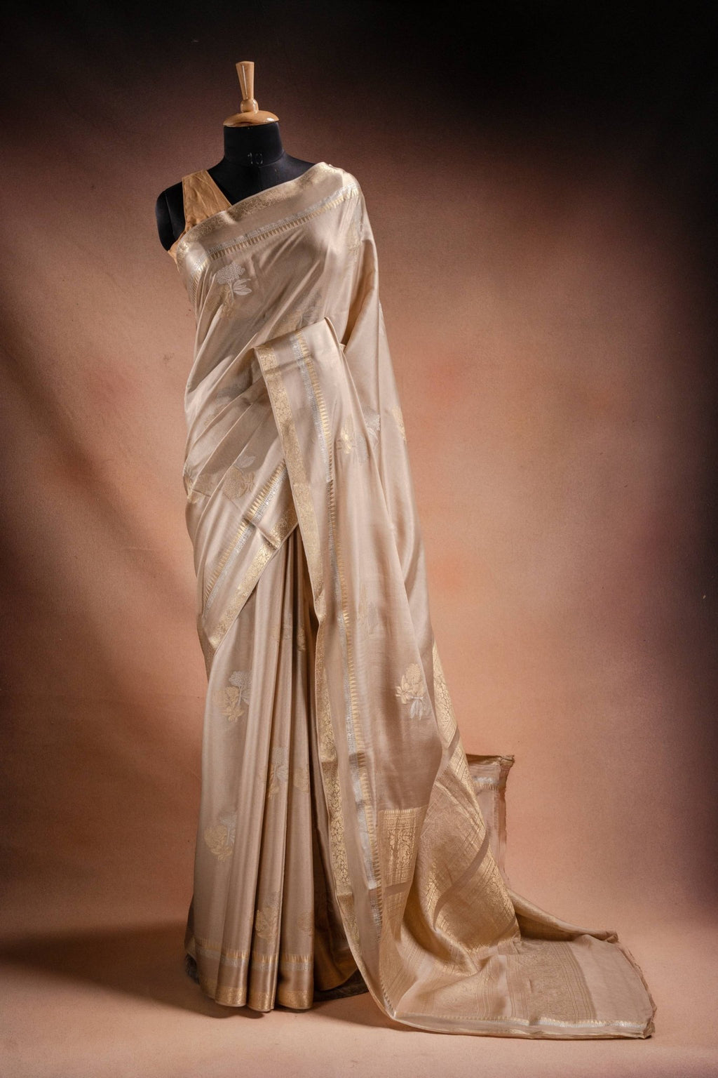 Beige Crepe Silk Saree with Double Mispick Zari Roses - That Saree Shop