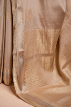 Beige Crepe Silk Saree with Double Mispick Zari Roses - That Saree Shop