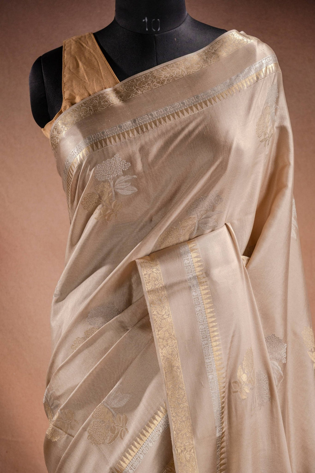 Beige Crepe Silk Saree with Double Mispick Zari Roses - That Saree Shop