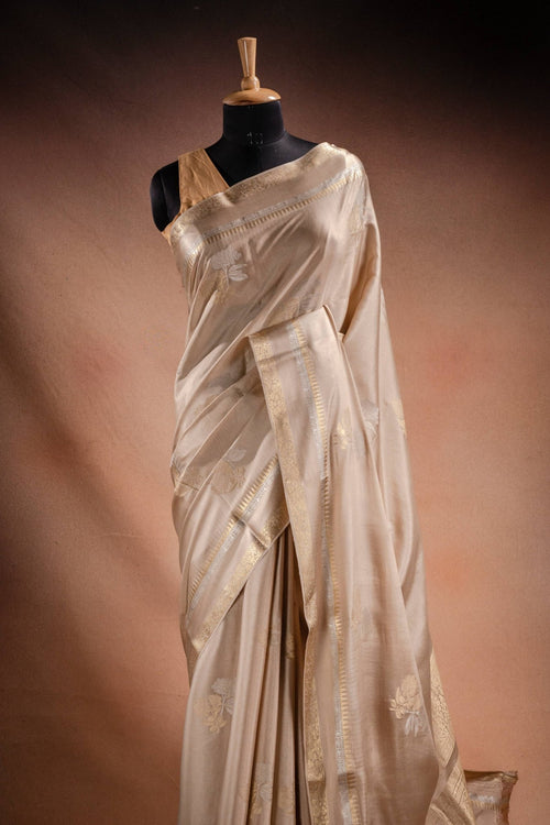 Beige Crepe Silk Saree with Double Mispick Zari Roses - That Saree Shop