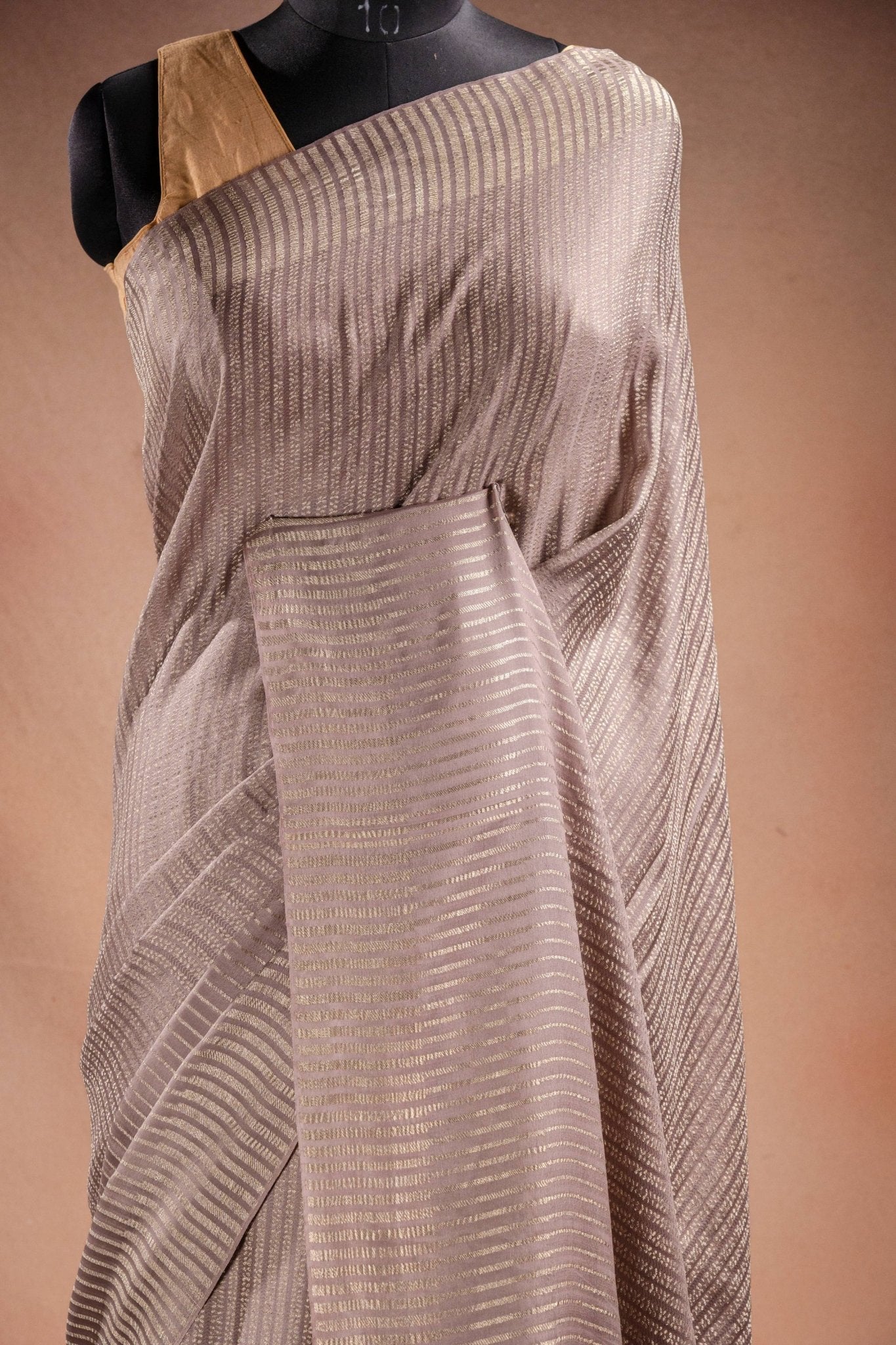 Beige Crepe Silk Saree with Silver Stripes - That Saree Shop