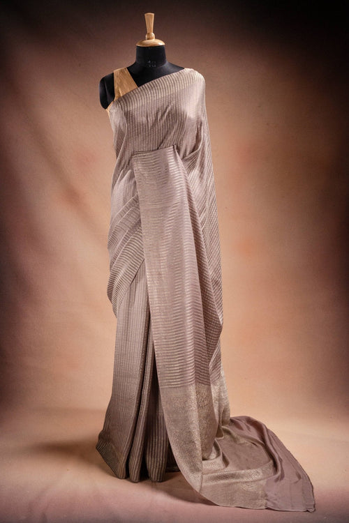 Beige Crepe Silk Saree with Silver Stripes - That Saree Shop