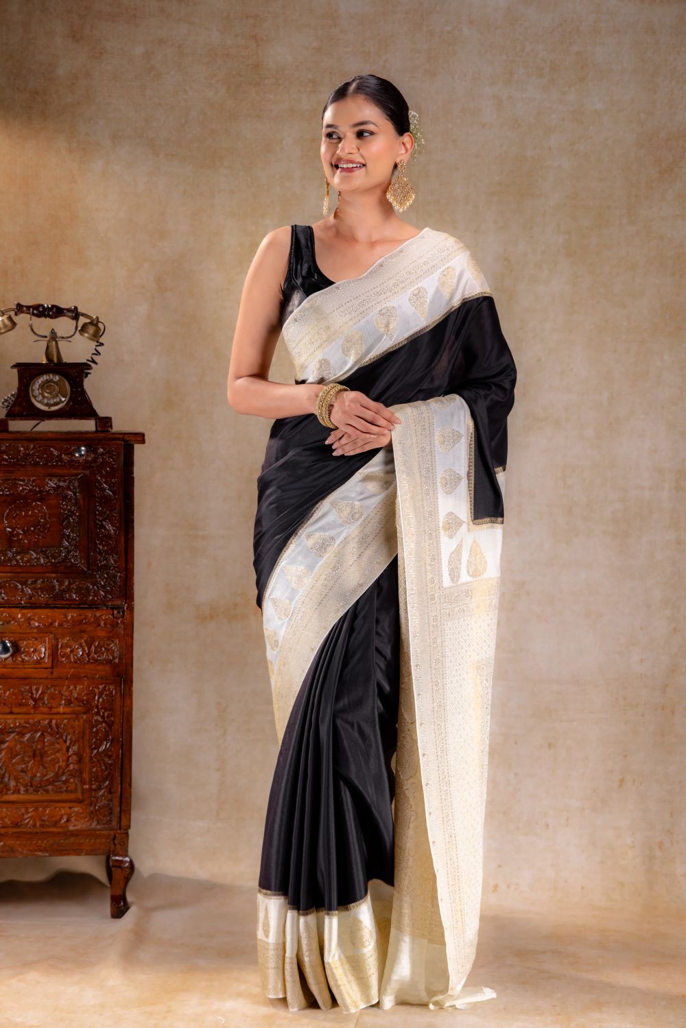 Black Crepe Saree with Ivory Gold Zari Woven Pallu and Paisley Border - That Saree Shop