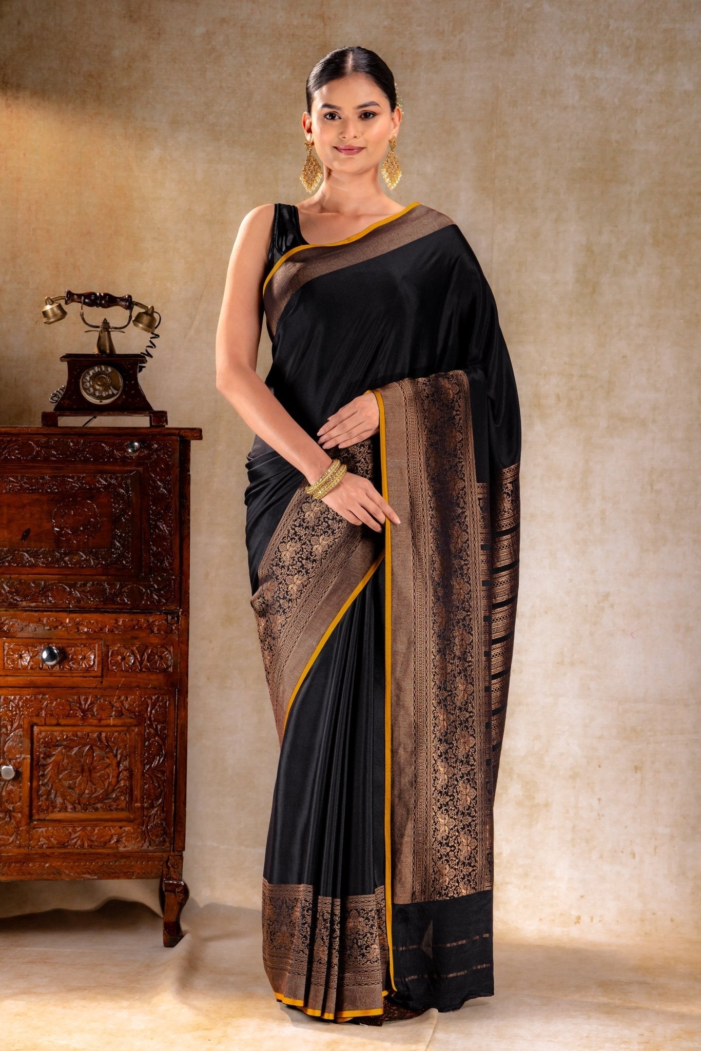 Black Crepe Silk Saree with Antique Zari Doble Peacock Border - That Saree Shop