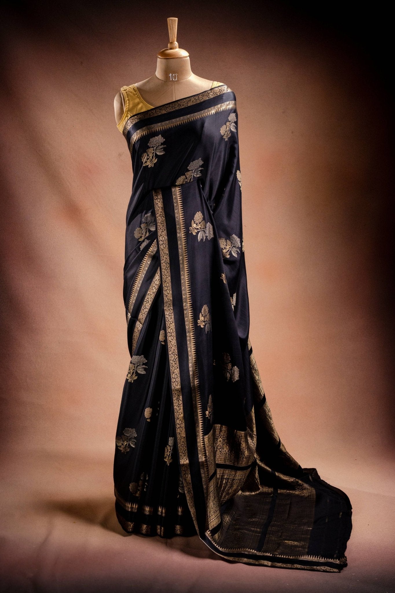 Black Crepe Silk Saree with Double Mispick Zari Roses - That Saree Shop