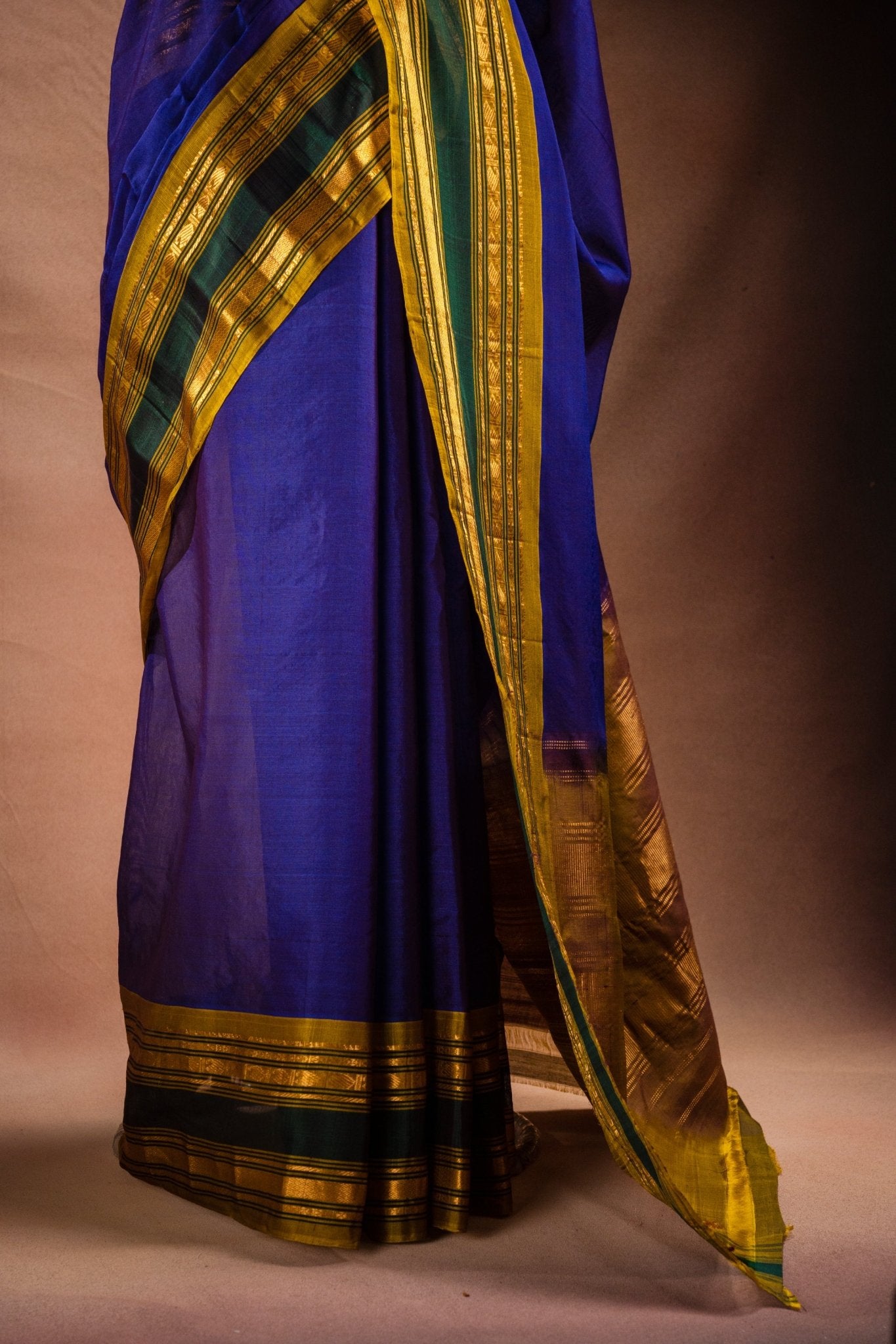 Blue Gadwal Cotton Mix Saree with Mustard Border - That Saree Shop