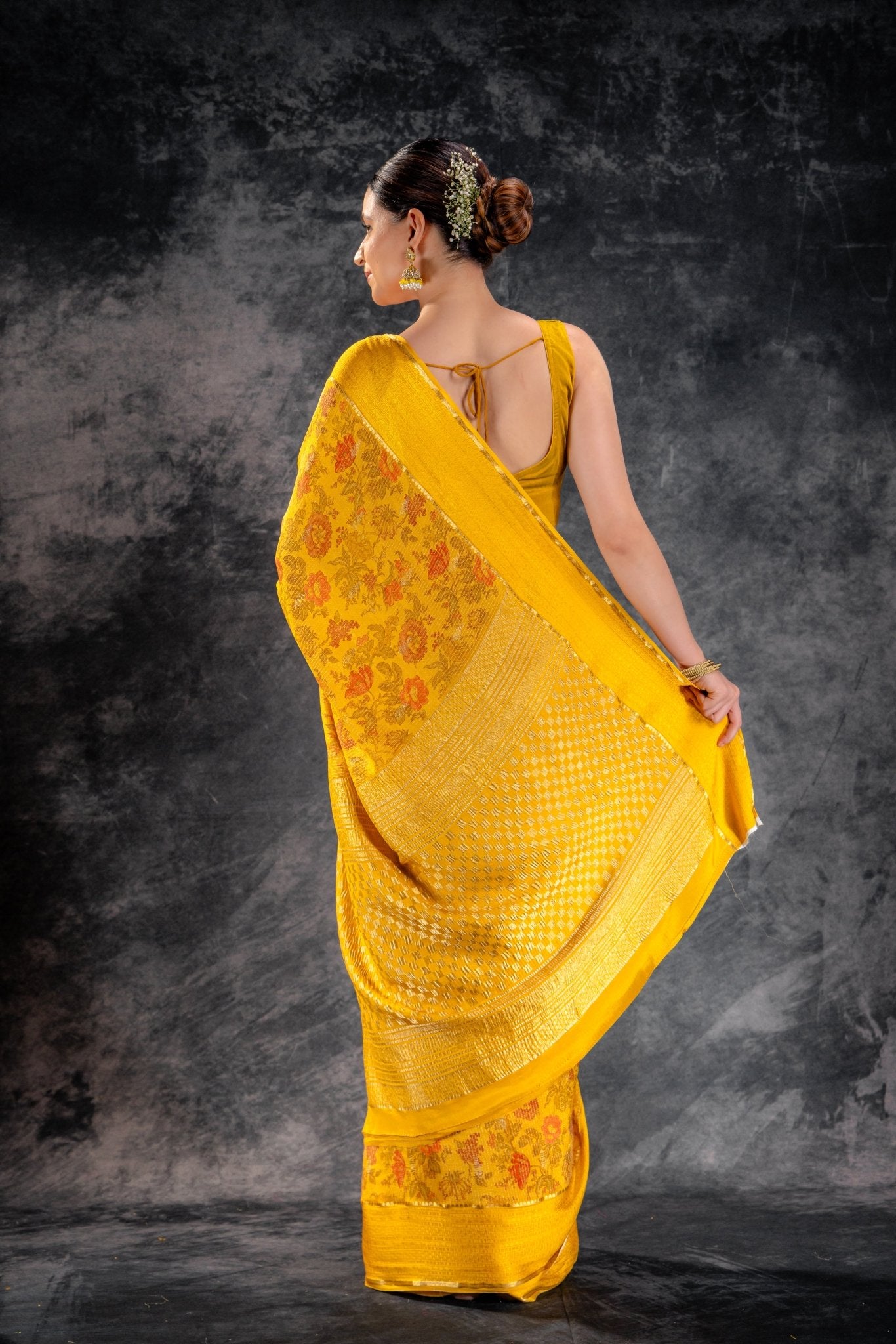 Brust Yellow Crepe Saree with Floral Print and Embossed Border - That Saree Shop