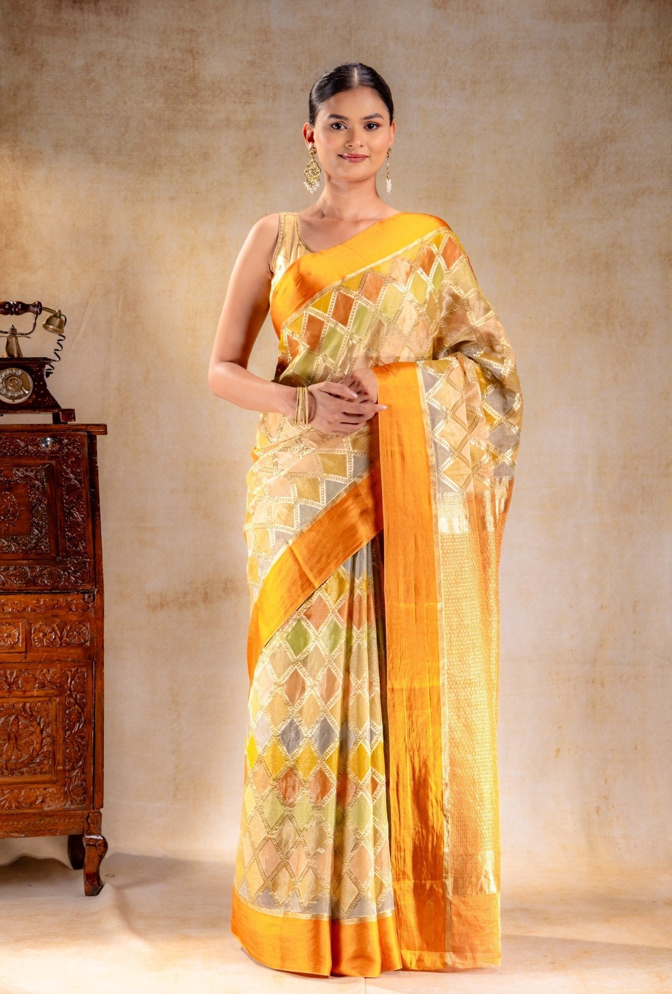 Burnt Mustard Tissue Silk Saree with Diamond Lattice Weave and Tonal Zari Border - That Saree Shop