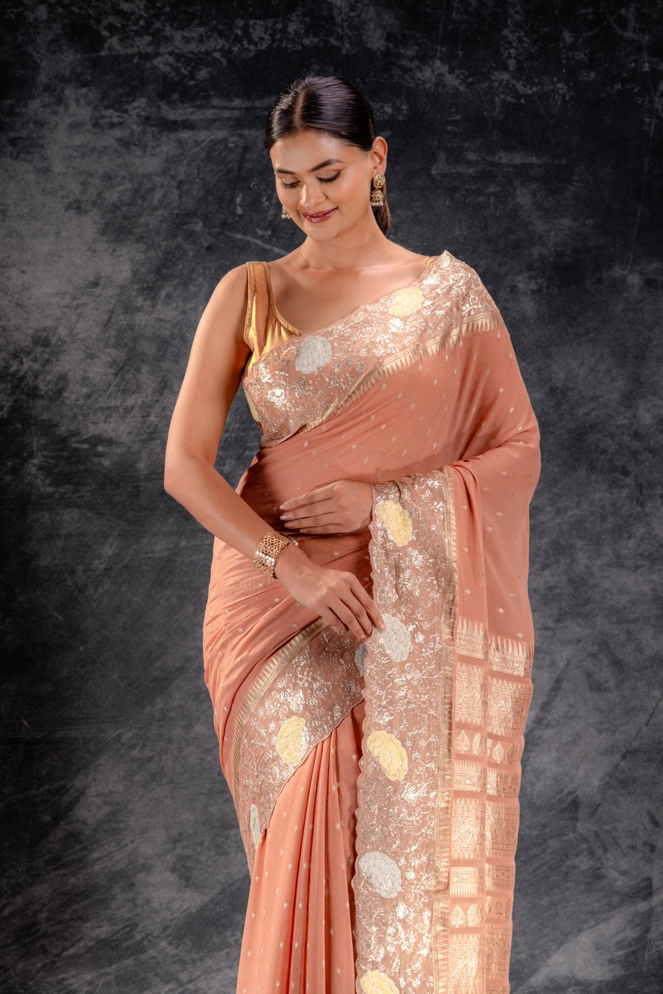 Burnt Rose Georgette Saree with Zari Buttas & Embroidered Border - That Saree Shop