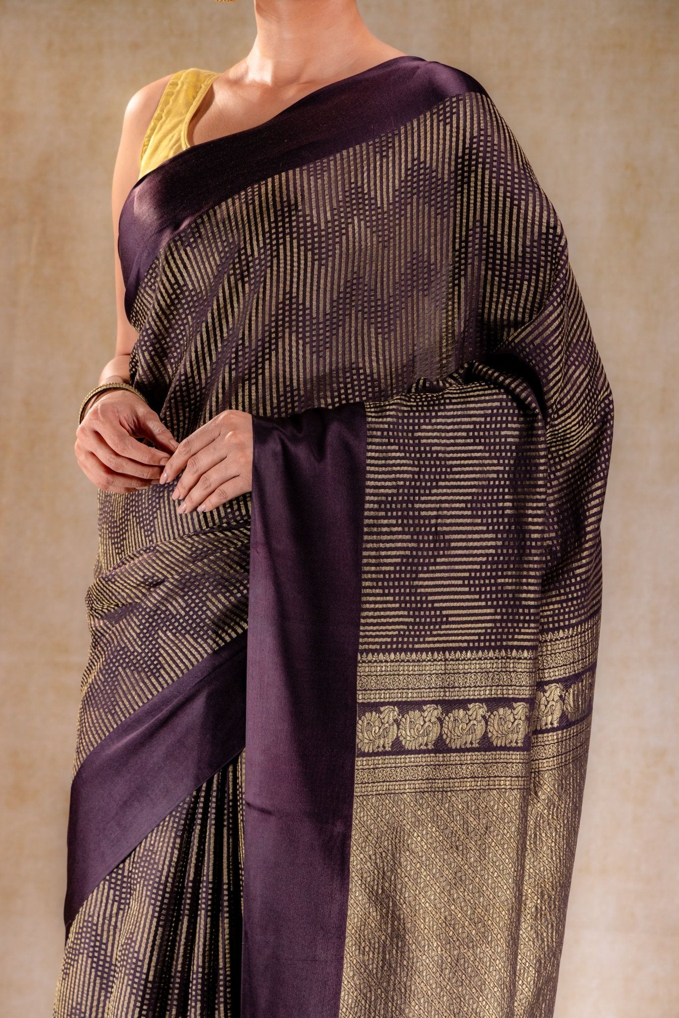 Chocolate Crepe Silk Saree with Metallic ZigZag Weave and Satin Border - That Saree Shop
