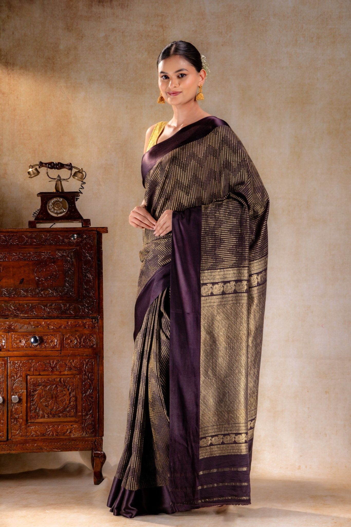 Chocolate Crepe Silk Saree with Metallic ZigZag Weave and Satin Border - That Saree Shop