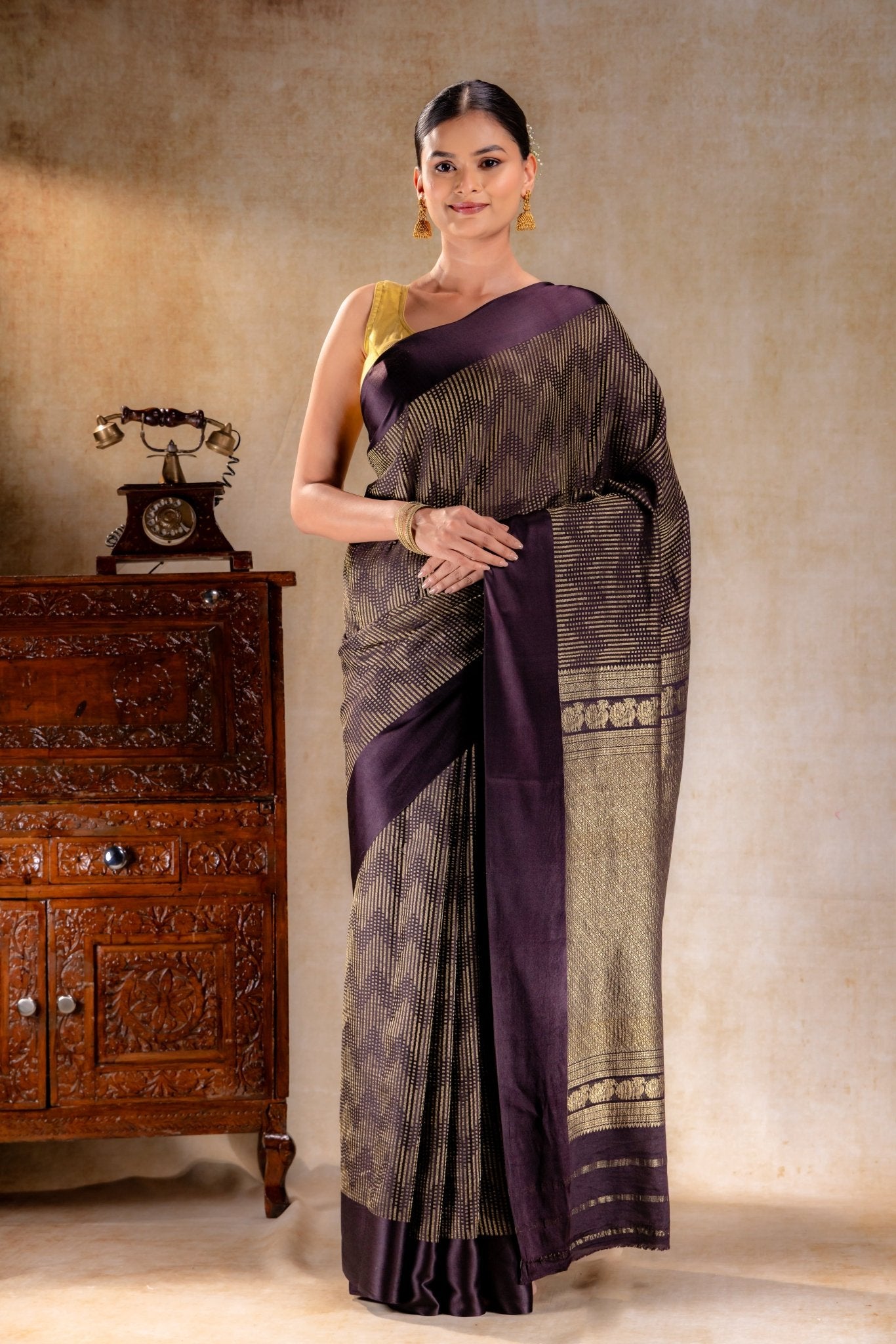 Chocolate Crepe Silk Saree with Metallic ZigZag Weave and Satin Border - That Saree Shop
