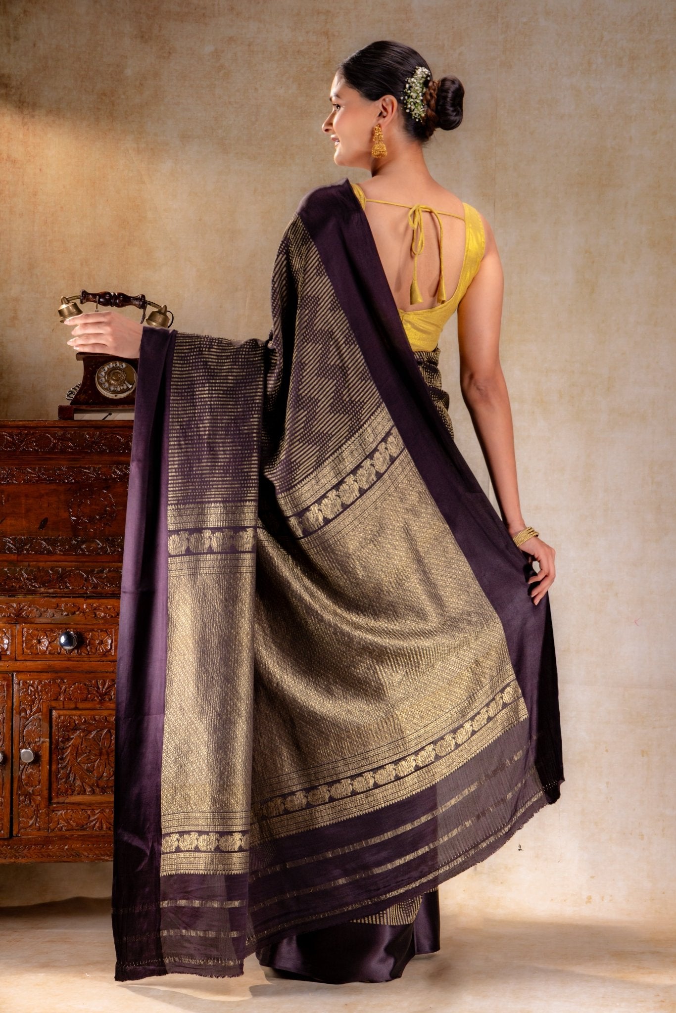 Chocolate Crepe Silk Saree with Metallic ZigZag Weave and Satin Border - That Saree Shop