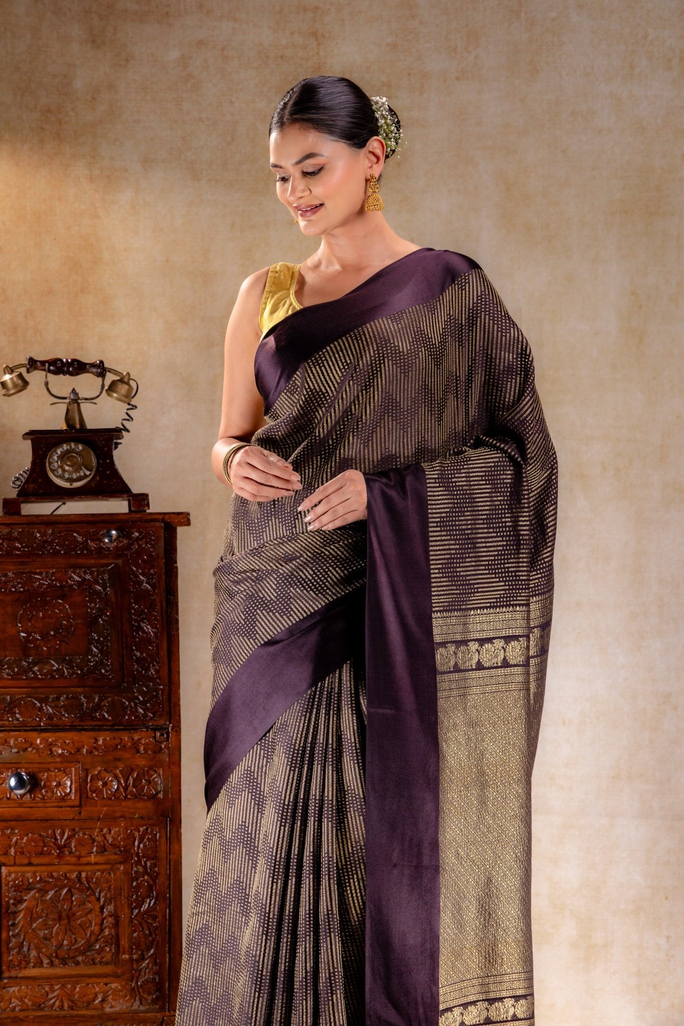 Chocolate Crepe Silk Saree with Metallic ZigZag Weave and Satin Border - That Saree Shop