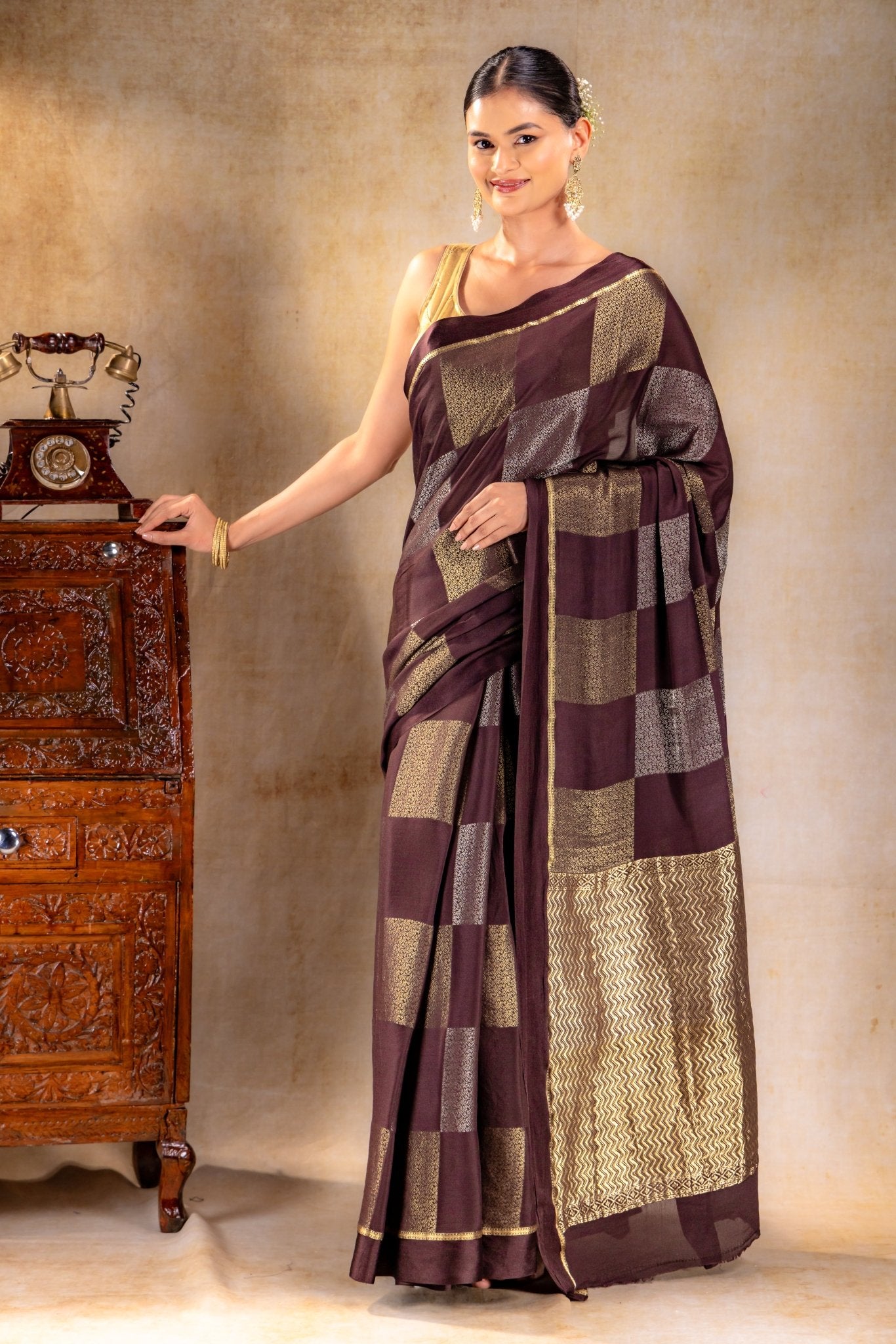 Coffee Brown Crepe Silk Saree with Dual Zari Floral Boxes With Satin Border - That Saree Shop