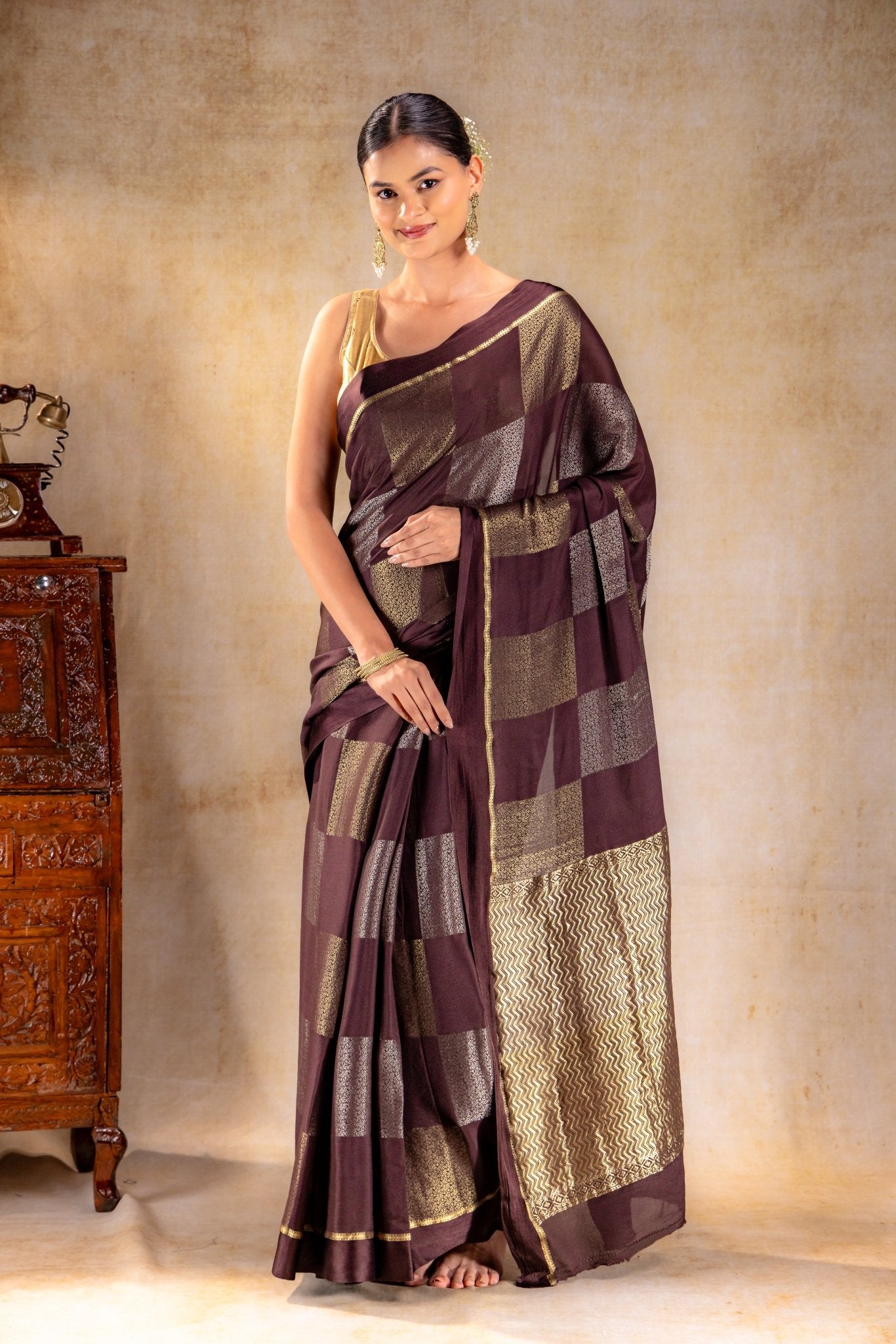 Coffee Brown Crepe Silk Saree with Dual Zari Floral Boxes With Satin Border - That Saree Shop