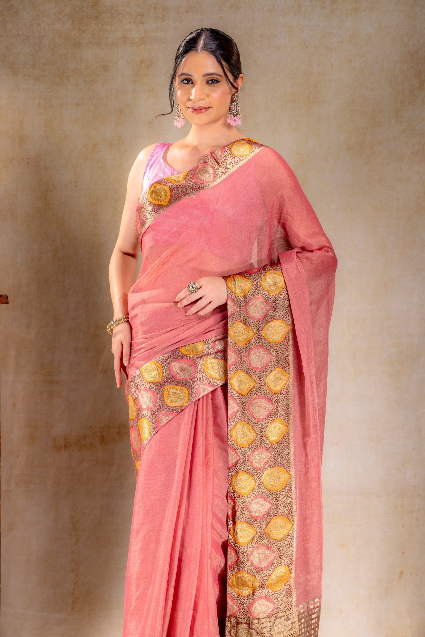 Dusty Rose Tissue Saree with Sunset Leaf Zari Border - That Saree Shop