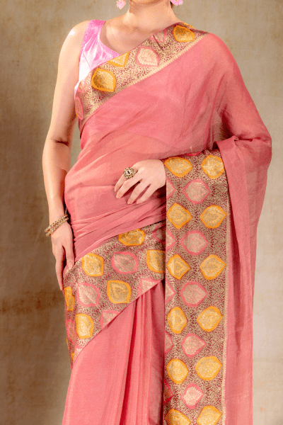 Dusty Rose Tissue Saree with Sunset Leaf Zari Border - That Saree Shop