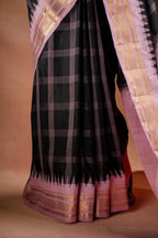Gadwal Silk Black with Pink Border Checked Saree - That Saree Shop