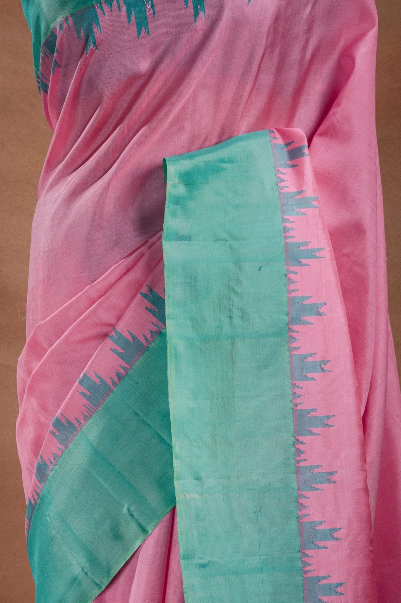 Gadwal Silk Pink with Aqua Border Saree - That Saree Shop