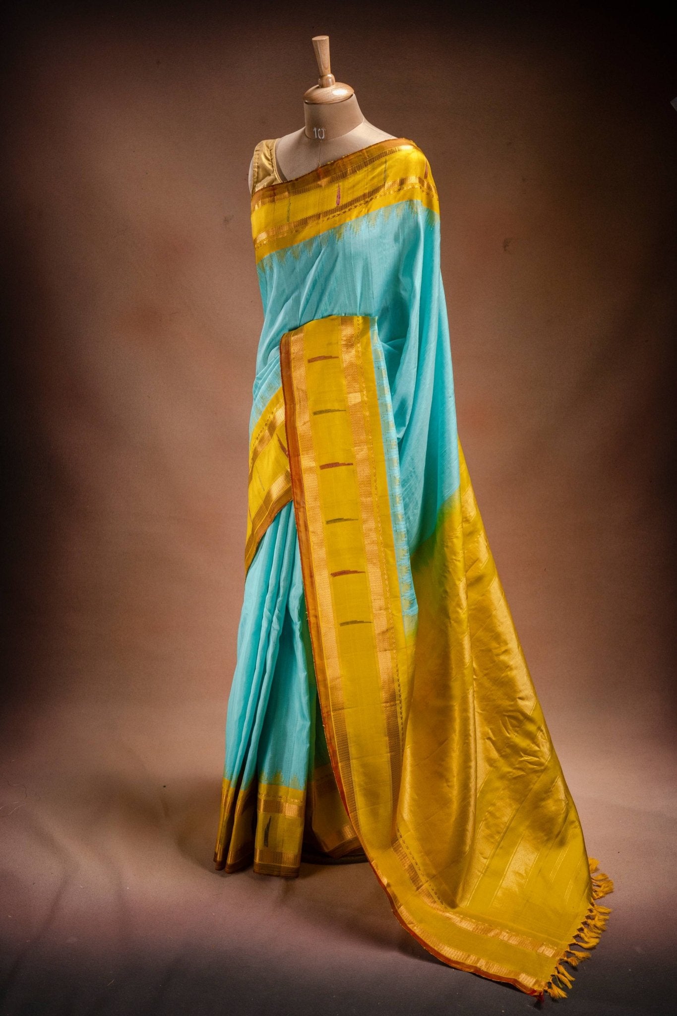 Gadwal Silk Sky Blue with Mustard Border Saree - That Saree Shop