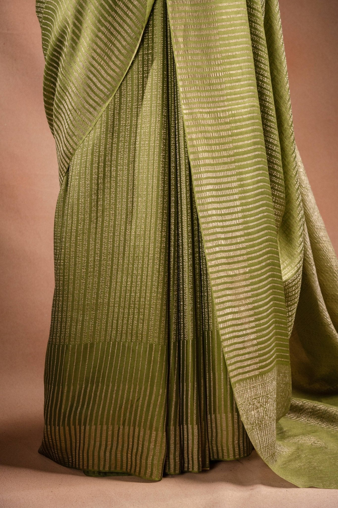Green Crepe Silk Saree with Zari Stripes - That Saree Shop