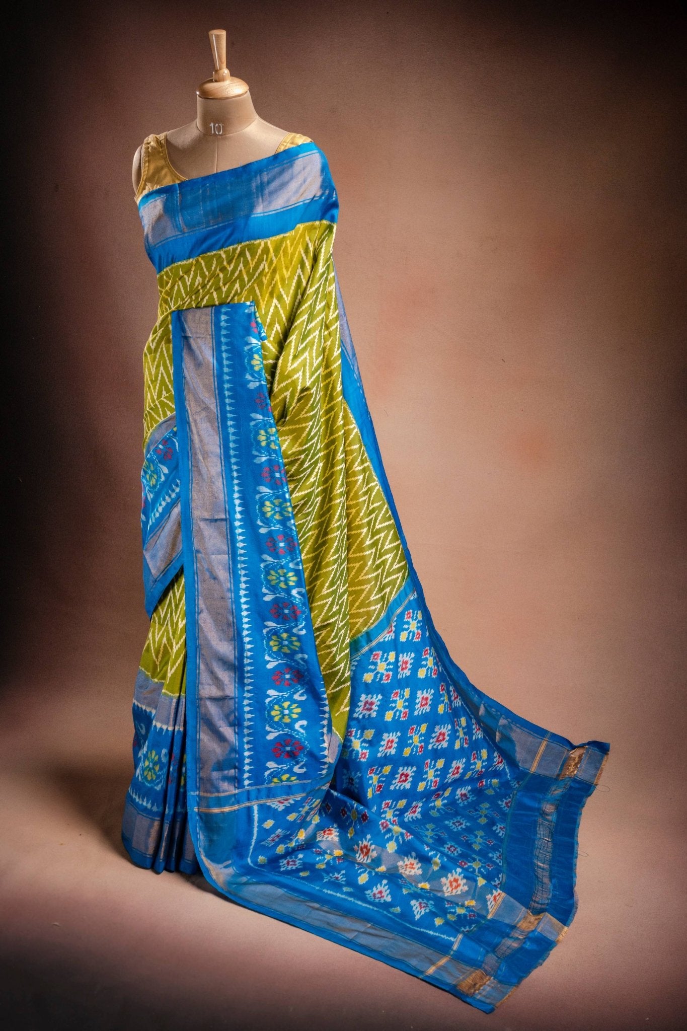 Green Pochampally Silk Saree with Blue Border - That Saree Shop